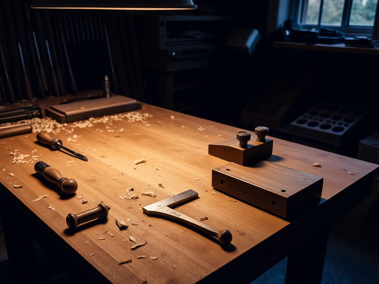 Workshop bench with joinery tools